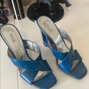 Next Blue Heeled Mules with Crisscross Straps